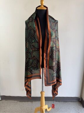 Paisley Faux Silk Scarf Brown Teal Boho Shawl Wrap Elegant Evening Fall Casual